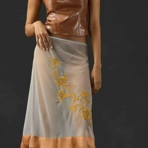 Anthropologie Sheer Floral Embroidered Skirt - Gold and Tan Size XL